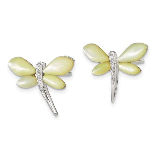 Sterling Silver CZ Yellow Mother of Pearl Dragonfly Earrings
