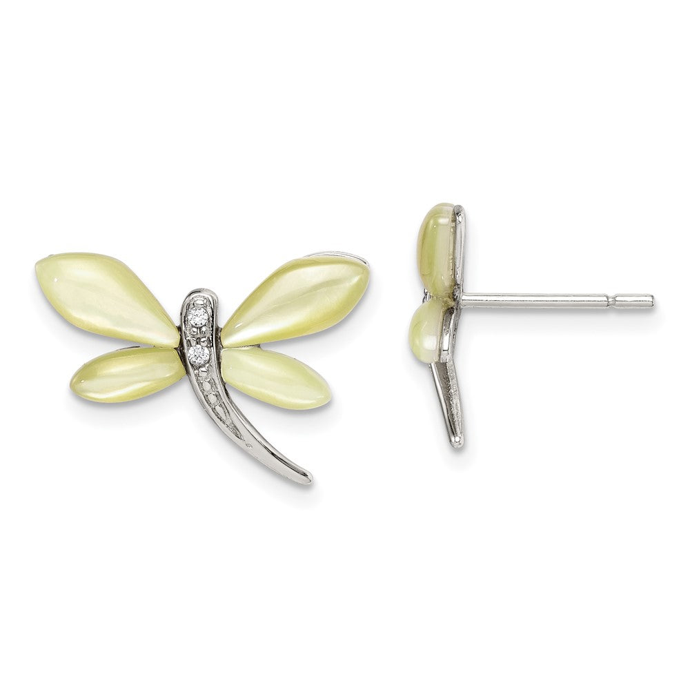 Sterling Silver CZ Yellow Mother of Pearl Dragonfly Earrings