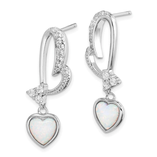 Rhodium-plated Sterling Silver Created Opal and CZ Heart Earrings