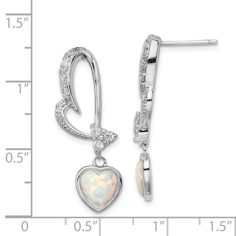 Rhodium-plated Sterling Silver Created Opal and CZ Heart Earrings