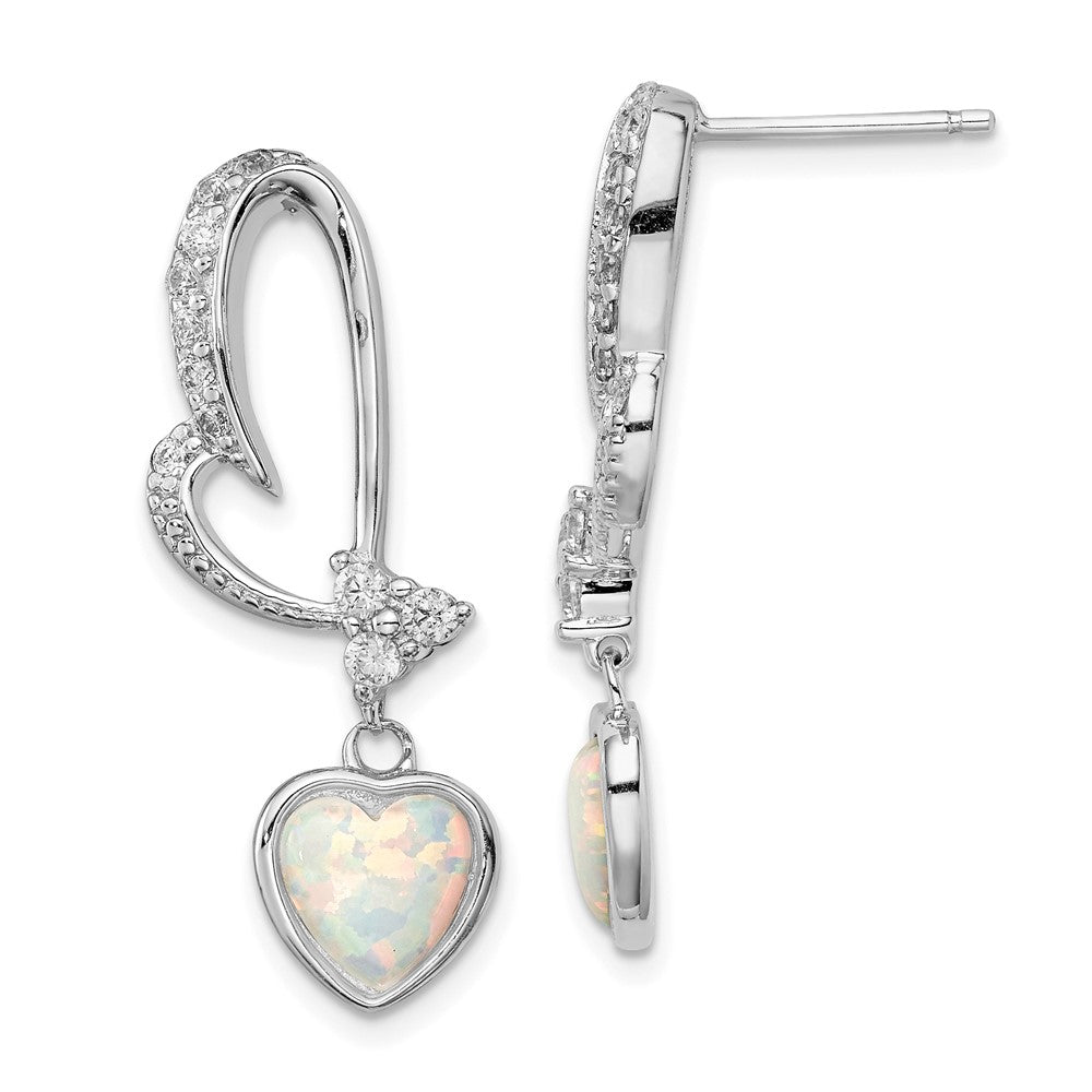 Rhodium-plated Sterling Silver Created Opal and CZ Heart Earrings