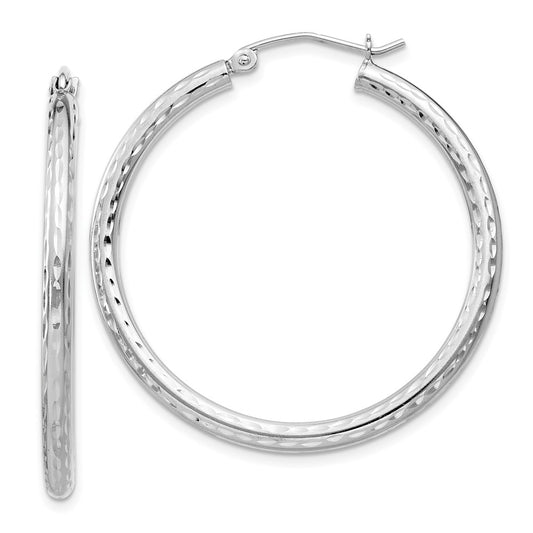 Rhodium-plated Sterling Silver 2.5mm Diamond-cut Hoop Earrings