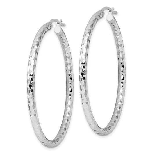 Rhodium-plated Sterling Silver 3.00mm Diamond-cut Hoop Earrings