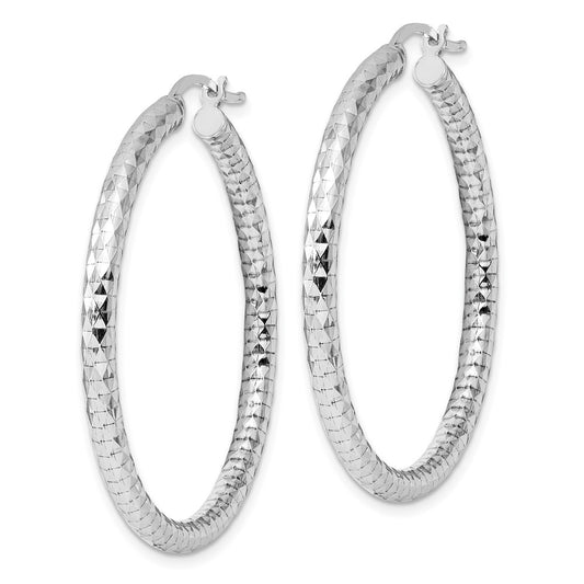 Rhodium-plated Sterling Silver 3.00mm Diamond-cut Hoop Earrings