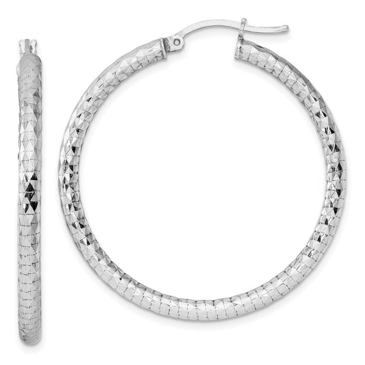 Rhodium-plated Sterling Silver 3.00mm Diamond-cut Hoop Earrings