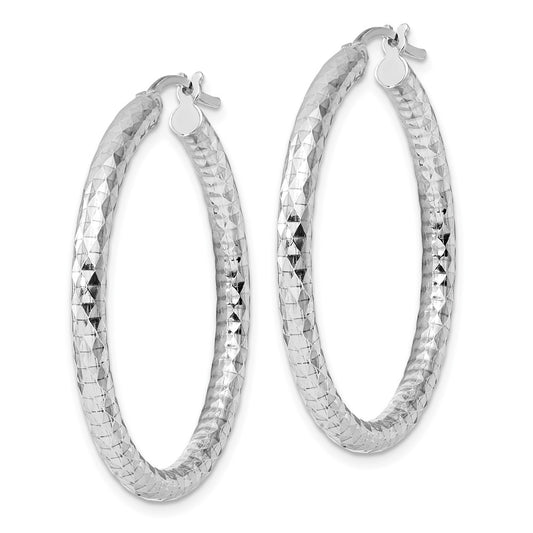 Rhodium-plated Sterling Silver 3.00mm Diamond-cut Hoop Earrings