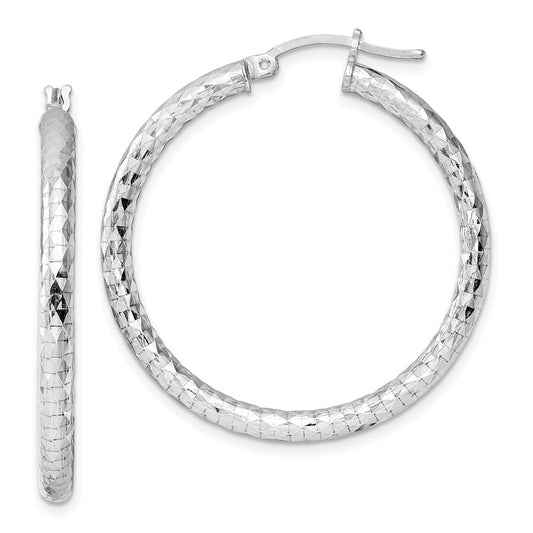 Rhodium-plated Sterling Silver 3.00mm Diamond-cut Hoop Earrings