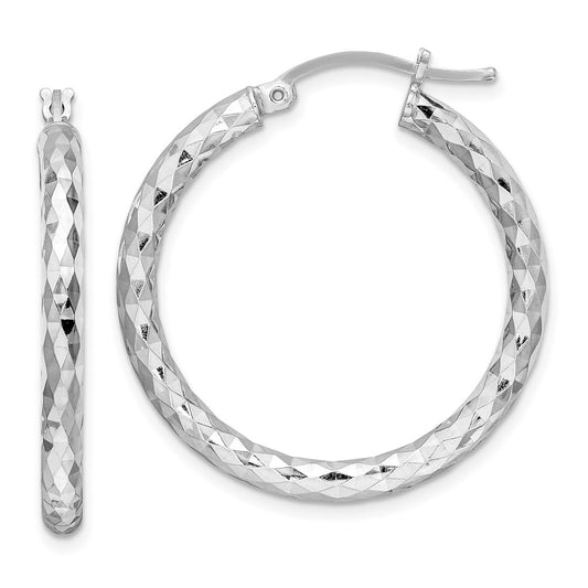 Rhodium-plated Sterling Silver 3.00mm Diamond-cut Hoop Earrings