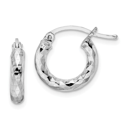 Rhodium-plated Sterling Silver 3.00mm Diamond-cut Hoop Earrings