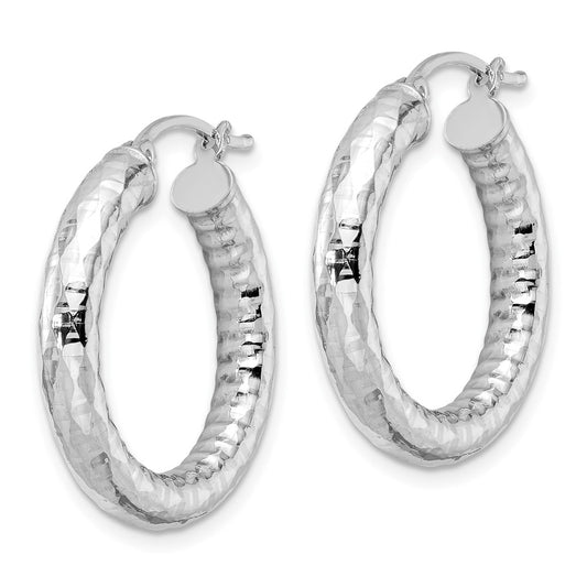 Rhodium-plated Sterling Silver 4.00mm Diamond-cut Hoop Earrings