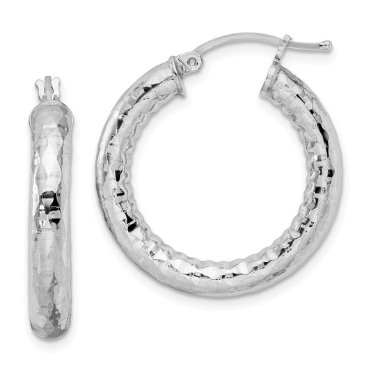 Rhodium-plated Sterling Silver 4.00mm Diamond-cut Hoop Earrings