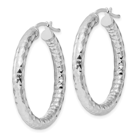 Rhodium-plated Sterling Silver 4.00mm Diamond-cut Hoop Earrings