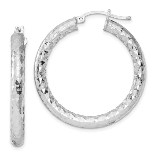 Rhodium-plated Sterling Silver 4.00mm Diamond-cut Hoop Earrings