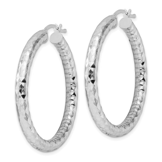 Rhodium-plated Sterling Silver 4.00mm Diamond-cut Hoop Earrings