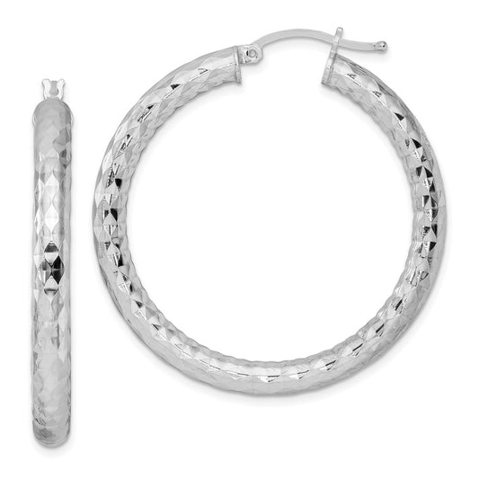 Rhodium-plated Sterling Silver 4.00mm Diamond-cut Hoop Earrings