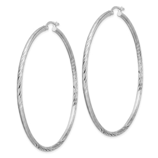 Rhodium-plated Sterling Silver 2.5mm Polished Satin Diamond-cut Hoop Earrings