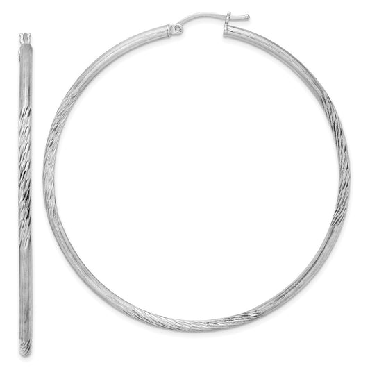 Rhodium-plated Sterling Silver 2.5mm Polished Satin Diamond-cut Hoop Earrings