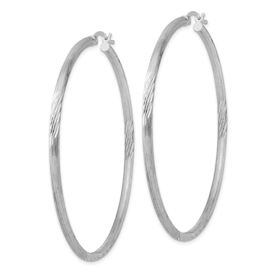 Rhodium-plated Sterling Silver 2.5mm Polished Satin Diamond-cut Hoop Earrings