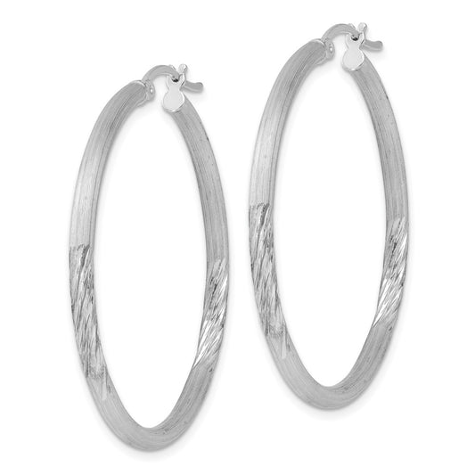 Rhodium-plated Sterling Silver 2.5mm Polished Satin Diamond-cut Hoop Earrings