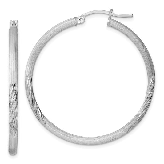 Rhodium-plated Sterling Silver 2.5mm Polished Satin Diamond-cut Hoop Earrings