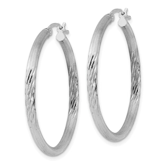 Rhodium-plated Sterling Silver 2.5mm Polished Satin Diamond-cut Hoop Earrings