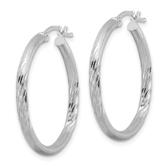 Rhodium-plated Sterling Silver 2.5mm Polished Satin Diamond-cut Hoop Earrings