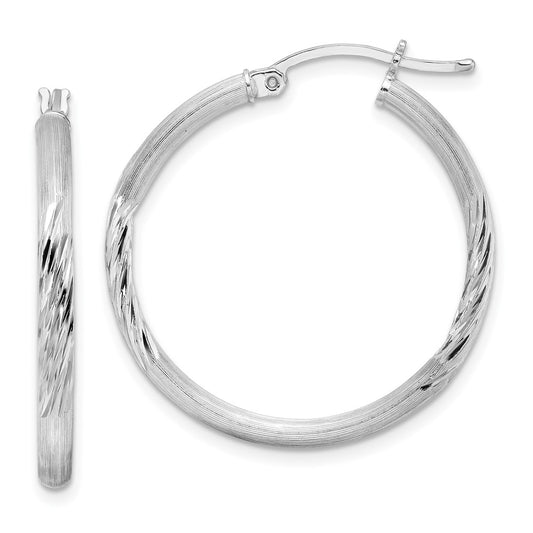 Rhodium-plated Sterling Silver 2.5mm Polished Satin Diamond-cut Hoop Earrings