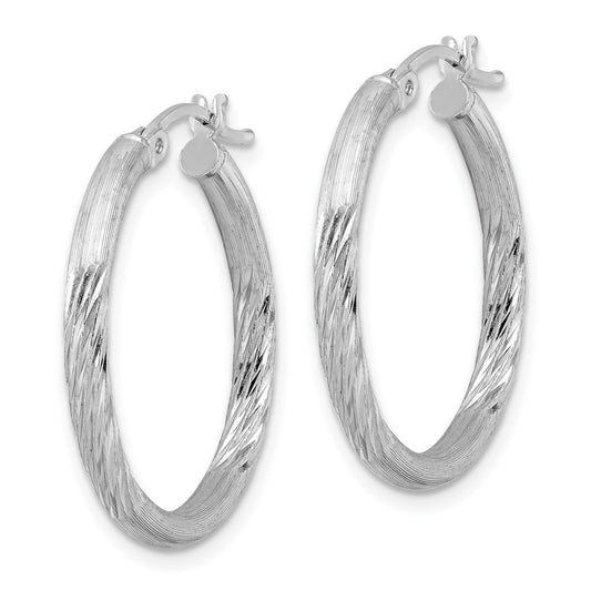 Rhodium-plated Sterling Silver 2.5mm Polished Satin Diamond-cut Hoop Earrings