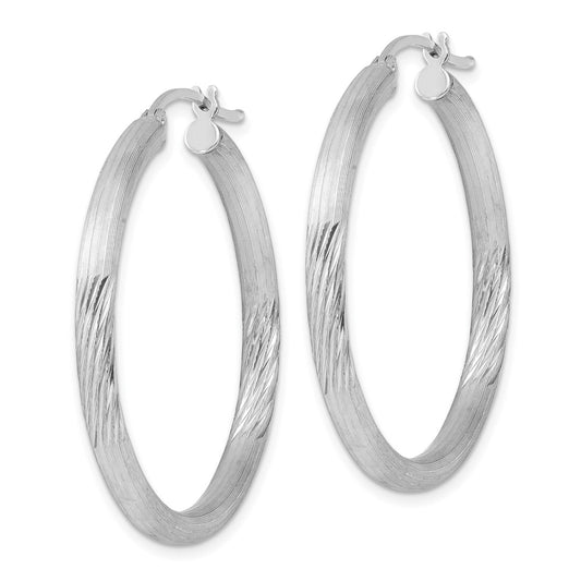 Rhodium-plated Sterling Silver 3mm Polished Satin Diamond-cut Hoop Earrings