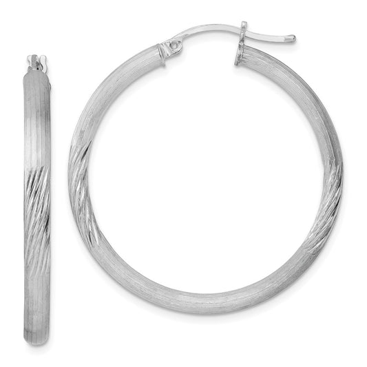 Rhodium-plated Sterling Silver 3mm Polished Satin Diamond-cut Hoop Earrings