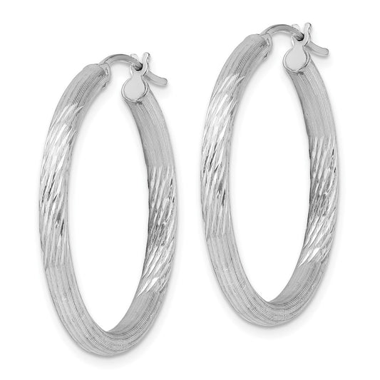 Rhodium-plated Sterling Silver 3mm Polished Satin Diamond-cut Hoop Earrings