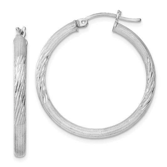 Rhodium-plated Sterling Silver 3mm Polished Satin Diamond-cut Hoop Earrings