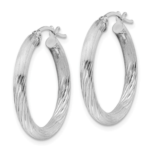 Rhodium-plated Sterling Silver 3mm Polished Satin Diamond-cut Hoop Earrings