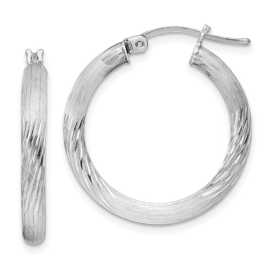 Rhodium-plated Sterling Silver 3mm Polished Satin Diamond-cut Hoop Earrings