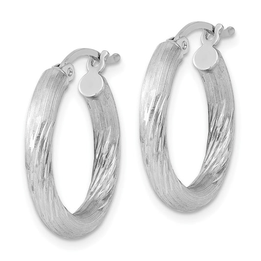 Rhodium-plated Sterling Silver 3mm Polished Satin Diamond-cut Hoop Earrings