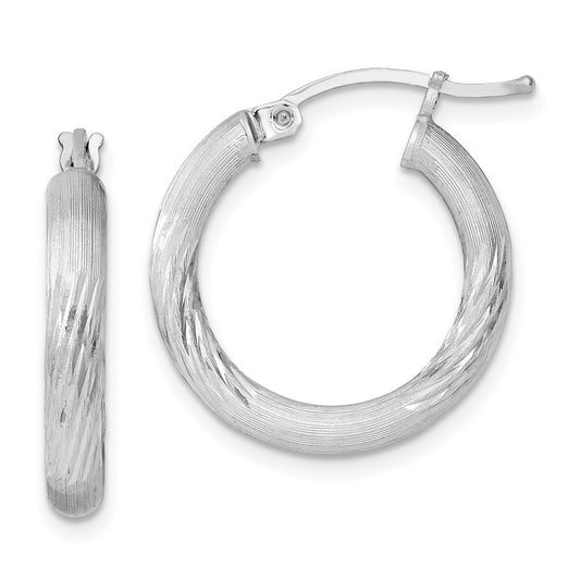 Rhodium-plated Sterling Silver 3mm Polished Satin Diamond-cut Hoop Earrings