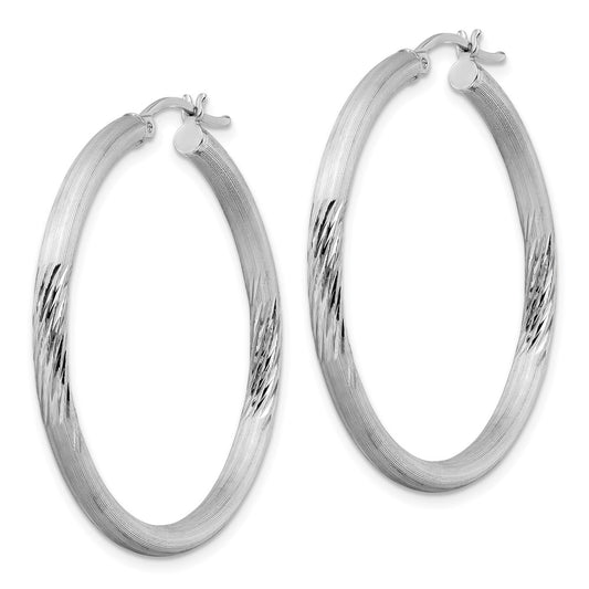 Rhodium-plated Sterling Silver 3mm Polished Satin Diamond-cut Hoop Earrings