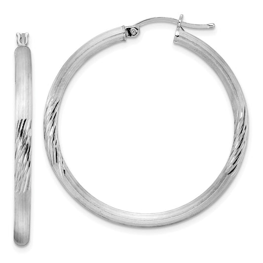 Rhodium-plated Sterling Silver 3mm Polished Satin Diamond-cut Hoop Earrings