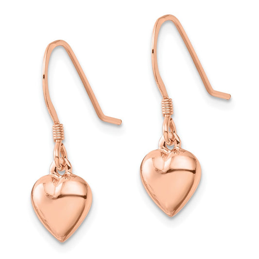 Rose Gold-plated Sterling Silver Puffed Heart Dangle Shepherd Hook Earrings