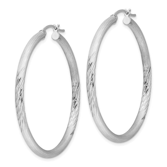 Rhodium-plated Sterling Silver 3mm Polished Satin Diamond-cut Hoop Earrings