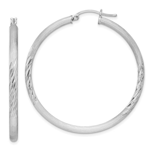 Rhodium-plated Sterling Silver 3mm Polished Satin Diamond-cut Hoop Earrings