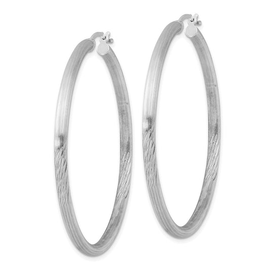 Rhodium-plated Sterling Silver 3mm Polished Satin Diamond-cut Hoop Earrings