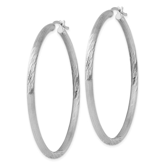 Rhodium-plated Sterling Silver 3mm Polished Satin Diamond-cut Hoop Earrings