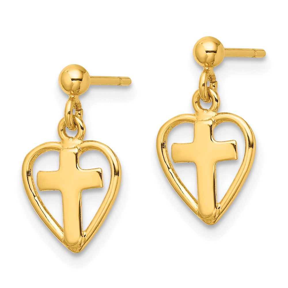 Yellow Gold-plated Sterling Silver Polished Cross In Heart Dangle Post Earrings