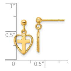 Yellow Gold-plated Sterling Silver Polished Cross In Heart Dangle Post Earrings