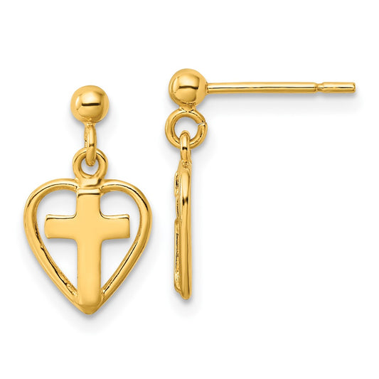 Yellow Gold-plated Sterling Silver Polished Cross In Heart Dangle Post Earrings