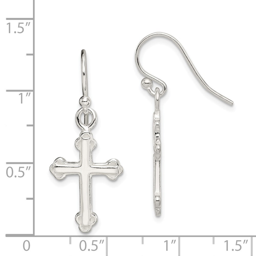Sterling Silver Polished Budded Cross Dangle Earrings