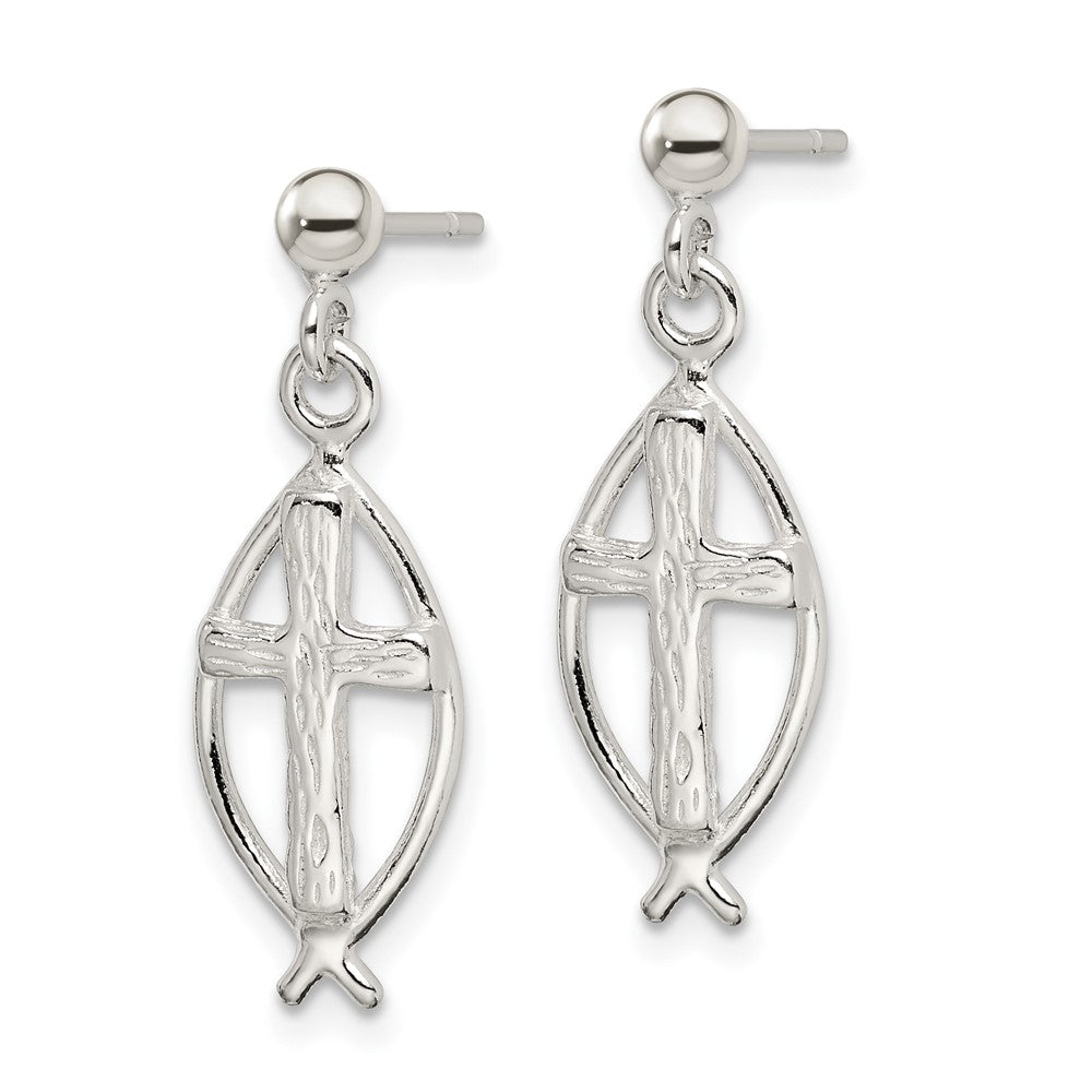 Sterling Silver Polished Antiqued and Textured Ichthus and Cross Post Dangle Earrings