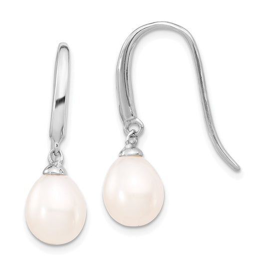 Rhodium-plated Sterling Silver 8-9mm White FWC Drop Pearl Dangle Earrings