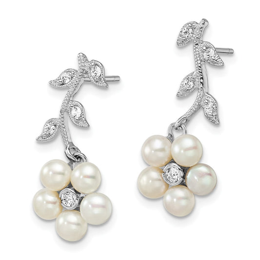 Rhodium-plated Sterling Silver White FWC Pearl CZ Flower Post Earrings